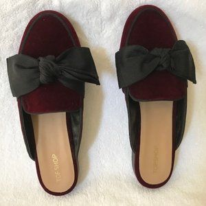Topshop burgundy red mules with black bow